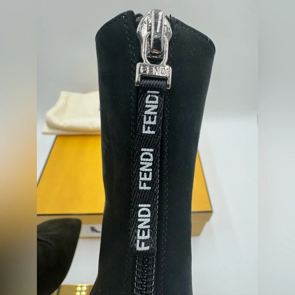 Fendi Black Suede Ankle Boots Logo Zip Heel Booties NWT Box IT 35 - Picture 7 of 17